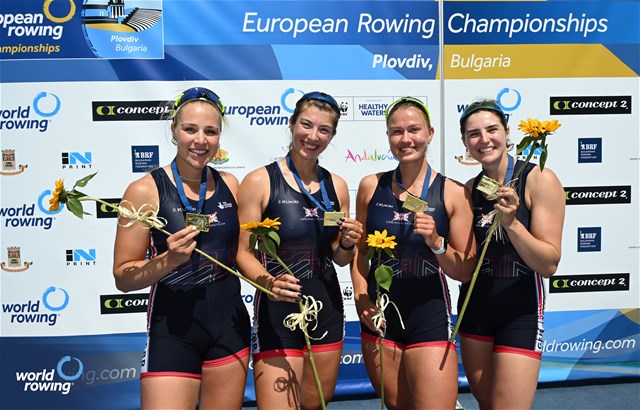 Sarah Mckay (b), Lola Anderson, Cameron Nyland, Rebecca Wilde (s), Women's Quadruple Sculls, Great Britain, Gold, 2025 European Rowing Championships, Plovdiv, Bulgaria / © Detlev Seyb / MyRowingPhoto.com