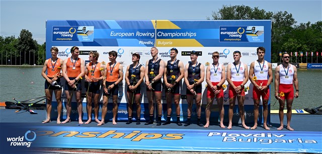 Cedol Dafydd (b), Callum Dixon, Matthew Haywood, Rory Harris (s), Men's Quadruple Sculls, Great Britain, Gold, Lucas Keijzer (b), Gert-Jan Van Doorn, Simon Van Dorp, Mats Van Sabben (s), Netherlands, Silver, Dominik Czaja (b), Piotr Plominski, Jakub Wozniak, Konrad Domanski (s), Poland, Bronze, 2025 European Rowing Championships, Plovdiv, Bulgaria / © Detlev Seyb / MyRowingPhoto.com