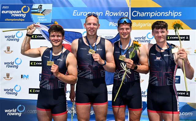 Cedol Dafydd (b), Callum Dixon, Matthew Haywood, Rory Harris (s), Men's Quadruple Sculls, Great Britain, Gold, 2025 European Rowing Championships, Plovdiv, Bulgaria / © Detlev Seyb / MyRowingPhoto.com