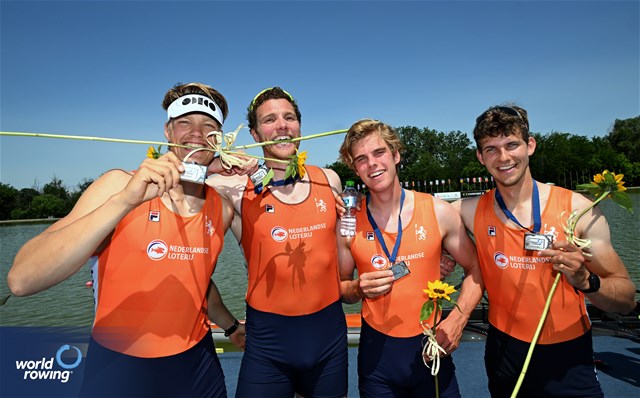Lucas Keijzer (b), Gert-Jan Van Doorn, Simon Van Dorp, Mats Van Sabben (s), Men's Quadruple Sculls, Netherlands, Silver, 2025 European Rowing Championships, Plovdiv, Bulgaria / © Detlev Seyb / MyRowingPhoto.com