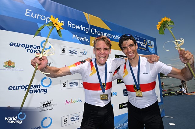 Joachim Agne (b), Finn Wolter (s), Lightweight Men's Double Sculls, Germany, Gold, 2025 European Rowing Championships, Plovdiv, Bulgaria / © Detlev Seyb / MyRowingPhoto.com