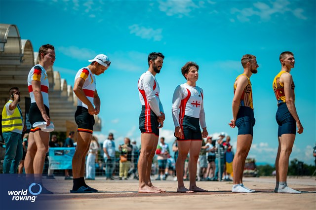 Maximilian Aigner (b), Alexander Aigner (s), Lightweight Men's Pair, Germany, Gold, Giorgi Kanteladze (b), Davit Lashkareishvili (s), Georgia, Silver, Nichita Naumciuc (b), Dmitrii Zincenco (s), Republic of Moldova, Bronze, 2025 European Rowing Championships, Plovdiv, Bulgaria / © World Rowing / Benedict Tufnell