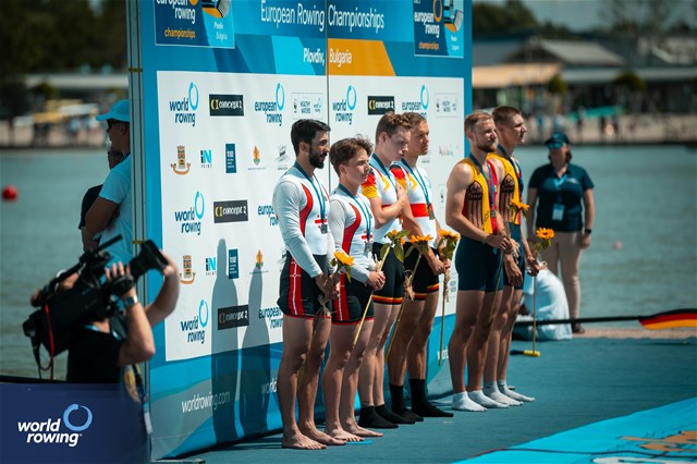 Maximilian Aigner (b), Alexander Aigner (s), Lightweight Men's Pair, Germany, Gold, Giorgi Kanteladze (b), Davit Lashkareishvili (s), Georgia, Silver, Nichita Naumciuc (b), Dmitrii Zincenco (s), Republic of Moldova, Bronze, 2025 European Rowing Championships, Plovdiv, Bulgaria / © World Rowing / Benedict Tufnell