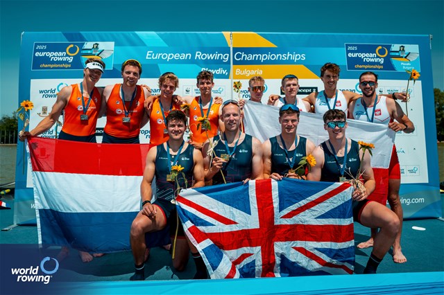Cedol Dafydd (b), Callum Dixon, Matthew Haywood, Rory Harris (s), Men's Quadruple Sculls, Great Britain, Gold, Lucas Keijzer (b), Gert-Jan Van Doorn, Simon Van Dorp, Mats Van Sabben (s), Netherlands, Silver, Dominik Czaja (b), Piotr Plominski, Jakub Wozniak, Konrad Domanski (s), Poland, Bronze, 2025 European Rowing Championships, Plovdiv, Bulgaria / © World Rowing / Benedict Tufnell