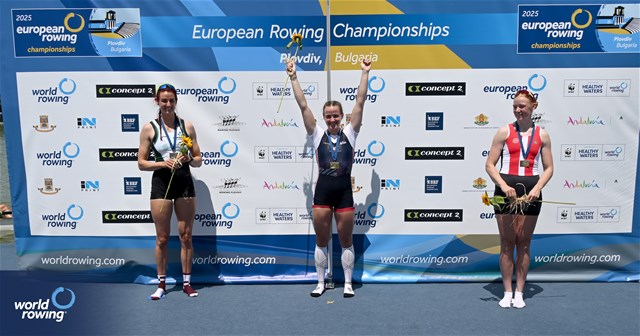 Lauren Henry, Women's Single Sculls, Great Britain, Gold, Fiona Murtagh, Ireland, Silver, Frida Sanggaard Nielsen, Denmark, Bronze, 2025 European Rowing Championships, Plovdiv, Bulgaria / © Detlev Seyb / MyRowingPhoto.com