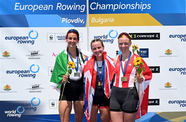 Lauren Henry, Women's Single Sculls, Great Britain, Gold, Fiona Murtagh, Ireland, Silver, Frida Sanggaard Nielsen, Denmark, Bronze, 2025 European Rowing Championships, Plovdiv, Bulgaria / © Detlev Seyb / MyRowingPhoto.com