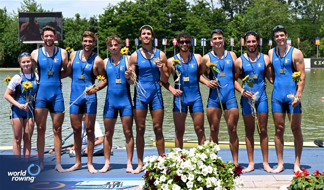 Davide Comini (b), Salvatore Monfrecola, Francesco Pallozzi, Alfonso Scalzone, Giovanni Abagnale, Alessandro Gardino, Nunzio Di Colandrea, Giovanni Codato (s), Alessandra Faella (c), Men's Eight, Italy, Bronze, 2025 European Rowing Championships, Plovdiv, Bulgaria / © Detlev Seyb / MyRowingPhoto.com