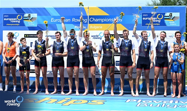 William Stewart (b), Archie Drummond, Miles Beeson, Fergus Woolnough, David Bewicke-Copley, Samuel Nunn, Matt Aldridge, Matthew Rowe (s), William Denegri (c), Men's Eight, Great Britain, Gold, 2025 European Rowing Championships, Plovdiv, Bulgaria / © Detlev Seyb / MyRowingPhoto.com