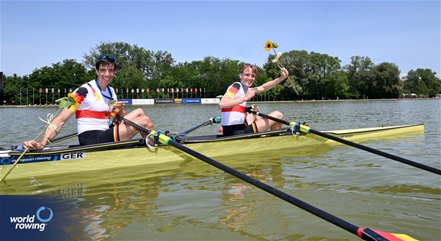 Joachim Agne (b), Finn Wolter (s), Lightweight Men's Double Sculls, Germany, Gold, 2025 European Rowing Championships, Plovdiv, Bulgaria / © Detlev Seyb / MyRowingPhoto.com