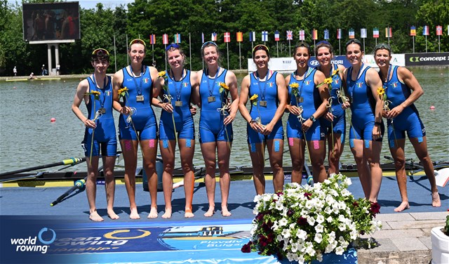 Clara Guerra (b), Giorgia Pelacchi, Stefania Gobbi, Elisa Mondelli, Silvia Terrazzi, Kiri English-Hawke, Laura Meriano, Alice Codato (s), Emanuele Capponi (c), Women's Eight, Italy, Bronze, 2025 European Rowing Championships, Plovdiv, Bulgaria / © Detlev Seyb / MyRowingPhoto.com