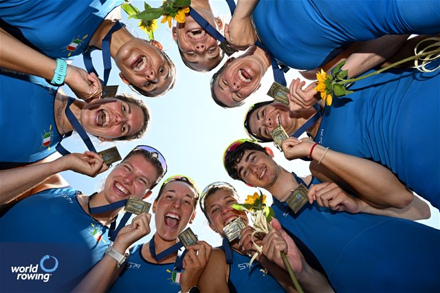 Clara Guerra (b), Giorgia Pelacchi, Stefania Gobbi, Elisa Mondelli, Silvia Terrazzi, Kiri English-Hawke, Laura Meriano, Alice Codato (s), Emanuele Capponi (c), Women's Eight, Italy, Bronze, 2025 European Rowing Championships, Plovdiv, Bulgaria / © Detlev Seyb / MyRowingPhoto.com
