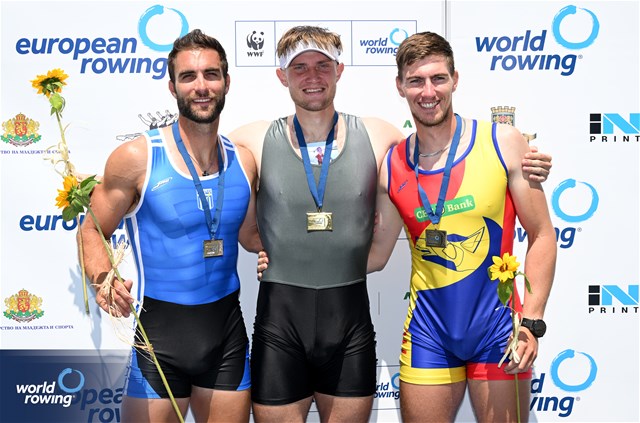 Yauheni Zalaty, Men's Single Sculls, Individual Neutral Athlete, Gold, Stefanos Ntouskos, Greece, Silver, Mihai Chiruta, Romania, Bronze, 2025 European Rowing Championships, Plovdiv, Bulgaria / © Detlev Seyb / MyRowingPhoto.com