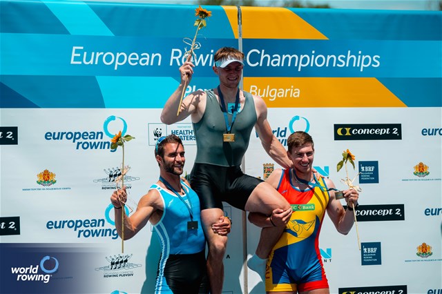 Yauheni Zalaty, Men's Single Sculls, Individual Neutral Athlete, Gold, Stefanos Ntouskos, Greece, Silver, Mihai Chiruta, Romania, Bronze, 2025 European Rowing Championships, Plovdiv, Bulgaria / © World Rowing / Benedict Tufnell