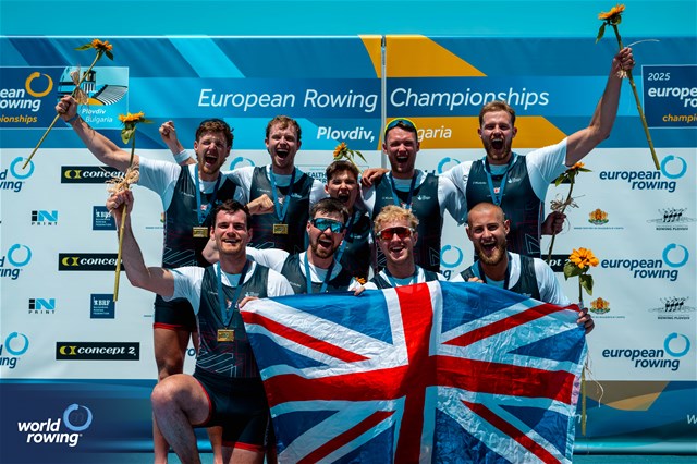 William Stewart (b), Archie Drummond, Miles Beeson, Fergus Woolnough, David Bewicke-Copley, Samuel Nunn, Matt Aldridge, Matthew Rowe (s), William Denegri (c), Men's Eight, Great Britain, Gold, 2025 European Rowing Championships, Plovdiv, Bulgaria / © World Rowing / Benedict Tufnell