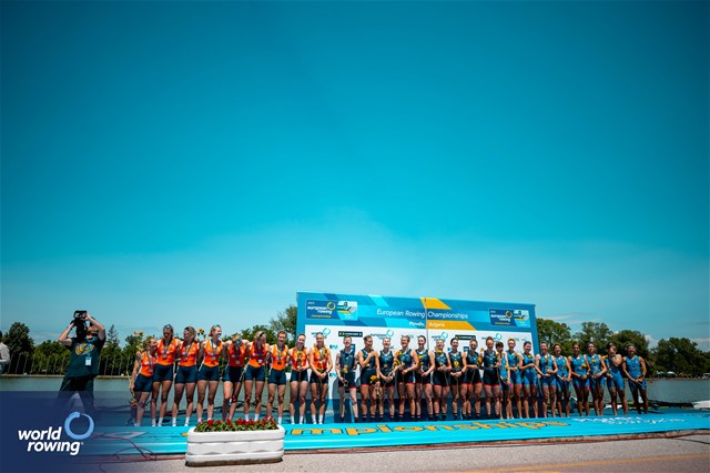 Heidi Long (b), Daisy Bellamy, Amelia Standing, Martha Birtles, Lauren Irwin, Eve Stewart, Eleanor Brinkhoff, Megan Slabbert (s), Jack Tottem (c), Women's Eight, Great Britain, Gold, Linn Van Aanholt (b), Nika Johanna Vos, Claire De Kok, Ilse Kolkman, Hermijntje Drenth, Vera Sneijders, Ymkje Clevering, Tinka Offereins (s), Dieuwke Fetter (c), Netherlands, Silver, Clara Guerra (b), Giorgia Pelacchi, Stefania Gobbi, Elisa Mondelli, Silvia Terrazzi, Kiri English-Hawke, Laura Meriano, Alice Codato (s), Emanuele Capponi (c), Italy, Bronze, 2025 European Rowing Championships, Plovdiv, Bulgaria / © World Rowing / Benedict Tufnell