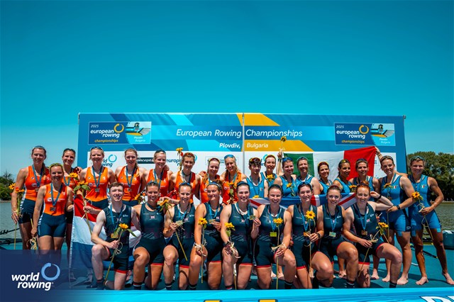 Heidi Long (b), Daisy Bellamy, Amelia Standing, Martha Birtles, Lauren Irwin, Eve Stewart, Eleanor Brinkhoff, Megan Slabbert (s), Jack Tottem (c), Women's Eight, Great Britain, Gold, Linn Van Aanholt (b), Nika Johanna Vos, Claire De Kok, Ilse Kolkman, Hermijntje Drenth, Vera Sneijders, Ymkje Clevering, Tinka Offereins (s), Dieuwke Fetter (c), Netherlands, Silver, Clara Guerra (b), Giorgia Pelacchi, Stefania Gobbi, Elisa Mondelli, Silvia Terrazzi, Kiri English-Hawke, Laura Meriano, Alice Codato (s), Emanuele Capponi (c), Italy, Bronze, 2025 European Rowing Championships, Plovdiv, Bulgaria / © World Rowing / Benedict Tufnell