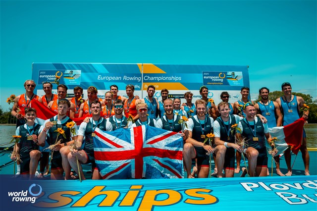 William Stewart (b), Archie Drummond, Miles Beeson, Fergus Woolnough, David Bewicke-Copley, Samuel Nunn, Matt Aldridge, Matthew Rowe (s), William Denegri (c), Men's Eight, Great Britain, Gold, Lennart Van Lierop (b), Jorn Salverda, Eli Brouwer, Olav Molenaar, Wibout Rustenburg, Guillaume Krommenhoek, Jan Van Der Bij, Mick Makker (s), Jonna De Vries (c), Netherlands, Silver, Davide Comini (b), Salvatore Monfrecola, Francesco Pallozzi, Alfonso Scalzone, Giovanni Abagnale, Alessandro Gardino, Nunzio Di Colandrea, Giovanni Codato (s), Alessandra Faella (c), Italy, Bronze, 2025 European Rowing Championships, Plovdiv, Bulgaria / © World Rowing / Benedict Tufnell