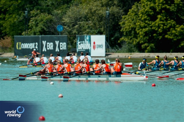 Linn Van Aanholt (b), Nika Johanna Vos, Claire De Kok, Ilse Kolkman, Hermijntje Drenth, Vera Sneijders, Ymkje Clevering, Tinka Offereins (s), Dieuwke Fetter (c), Women's Eight, Netherlands, 2025 European Rowing Championships, Plovdiv, Bulgaria / © World Rowing / Benedict Tufnell