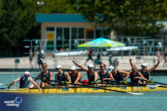 Heidi Long (b), Daisy Bellamy, Amelia Standing, Martha Birtles, Lauren Irwin, Eve Stewart, Eleanor Brinkhoff, Megan Slabbert (s), Jack Tottem (c), Women's Eight, Great Britain, 2025 European Rowing Championships, Plovdiv, Bulgaria / © World Rowing / Benedict Tufnell