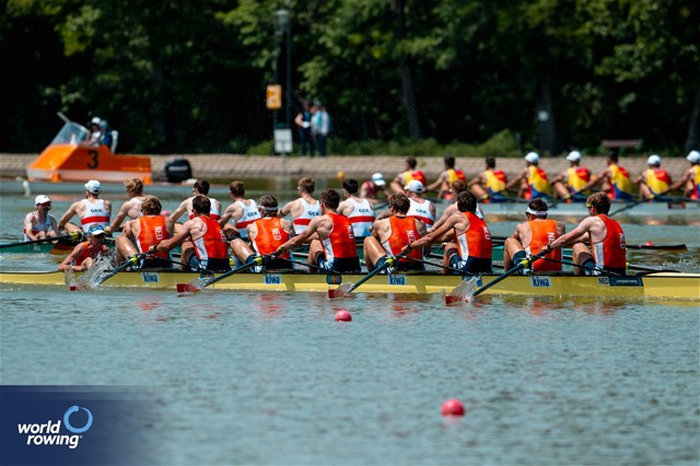 Lennart Van Lierop (b), Jorn Salverda, Eli Brouwer, Olav Molenaar, Wibout Rustenburg, Guillaume Krommenhoek, Jan Van Der Bij, Mick Makker (s), Jonna De Vries (c), Men's Eight, Netherlands, 2025 European Rowing Championships, Plovdiv, Bulgaria / © World Rowing / Benedict Tufnell