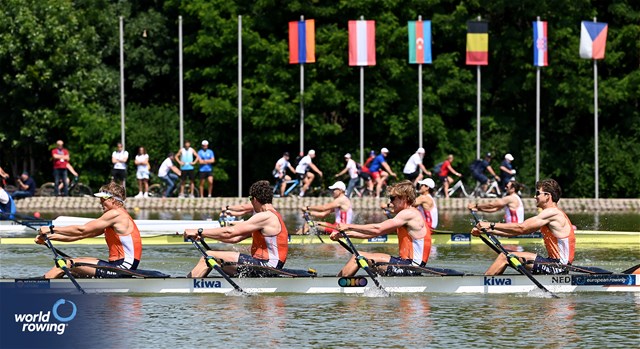 Lucas Keijzer (b), Gert-Jan Van Doorn, Simon Van Dorp, Mats Van Sabben (s), Men's Quadruple Sculls, Netherlands, 2025 European Rowing Championships, Plovdiv, Bulgaria / © Detlev Seyb / MyRowingPhoto.com
