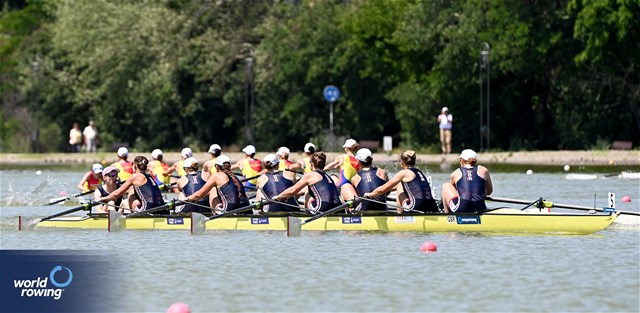 Heidi Long (b), Daisy Bellamy, Amelia Standing, Martha Birtles, Lauren Irwin, Eve Stewart, Eleanor Brinkhoff, Megan Slabbert (s), Jack Tottem (c), Women's Eight, Great Britain, 2025 European Rowing Championships, Plovdiv, Bulgaria / © Detlev Seyb / MyRowingPhoto.com