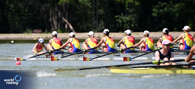 Andreea Popa (b), Roxana Anghel, Ancuta Bodnar, Amalia Beres, Andrada-Maria Morosanu, Geanina Dumitrita Juncanariu, Maria Magdalena Rusu, Simona Radis (s), Victoria Stefania Petreanu (c), Women's Eight, Romania, 2025 European Rowing Championships, Plovdiv, Bulgaria / © Detlev Seyb / MyRowingPhoto.com