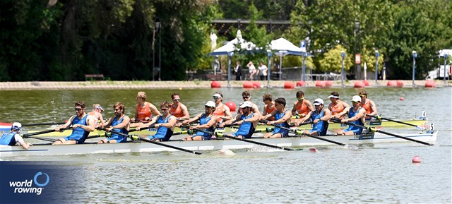 Davide Comini (b), Salvatore Monfrecola, Francesco Pallozzi, Alfonso Scalzone, Giovanni Abagnale, Alessandro Gardino, Nunzio Di Colandrea, Giovanni Codato (s), Alessandra Faella (c), Men's Eight, Italy, 2025 European Rowing Championships, Plovdiv, Bulgaria / © Detlev Seyb / MyRowingPhoto.com