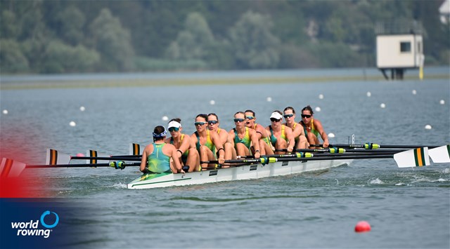 Emmie Frederico (b), Eliza Gaffney, Georgie Gleeson, Georgie Rowe, Jaime Ford, Ella Bramwell, Jacqui Swick, Paige Barr (s), Hayley Verbunt (c), Women's Eight, Australia, 2025 World Rowing Cup Varese - Varese, Italy / Detlev Seyb / MyRowingPhoto.com