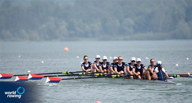 Camille Vandermeer (b), Charlotte Buck, Jess Thoennes, Alexandria Vallancey-Martinson, Etta Carpender, Azja Czajkowski, Teal Cohen, Kate Knifton (s), Nina Castagna (c), Women's Eight, United States of America, 2025 World Rowing Cup Varese - Varese, Italy / Detlev Seyb / MyRowingPhoto.com