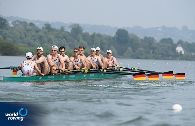 Paul Klapperich (b), Mattes Schoenherr, Benedict Eggeling, Tobias Strangemann, Olaf Roggensack, Julius Christ, Soenke Kruse, Theis Hagemeister (s), Jonas Wiesen (c), Men's Eight, Germany, 2025 World Rowing Cup Varese - Varese, Italy / Detlev Seyb / MyRowingPhoto.com