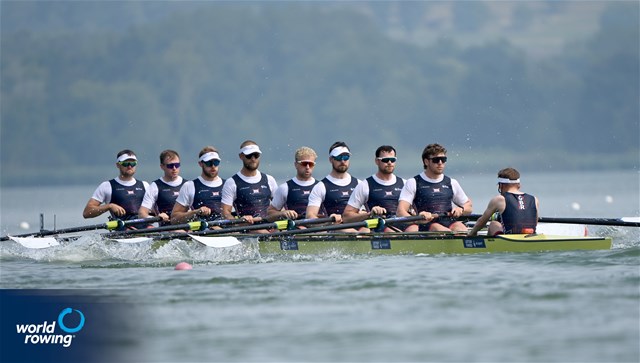William Stewart (b), Matthew Rowe, Miles Beeson, Fergus Woolnough, David Bewicke-Copley, Samuel Nunn, Matt Aldridge, Archie Drummond (s), William Denegri (c), Men's Eight, Great Britain, 2025 World Rowing Cup Varese - Varese, Italy / Detlev Seyb / MyRowingPhoto.com