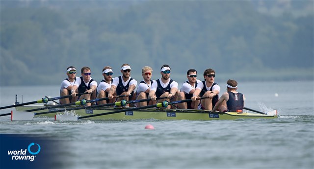 William Stewart (b), Matthew Rowe, Miles Beeson, Fergus Woolnough, David Bewicke-Copley, Samuel Nunn, Matt Aldridge, Archie Drummond (s), William Denegri (c), Men's Eight, Great Britain, 2025 World Rowing Cup Varese - Varese, Italy / Detlev Seyb / MyRowingPhoto.com