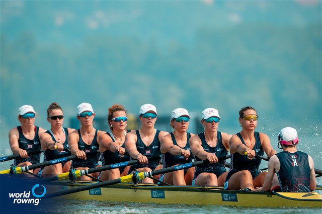 Eleanor Brinkhoff (b), Juliette Perry, Amelia Standing, Martha Birtles, Lauren Irwin, Eve Stewart, Heidi Long, Megan Slabbert (s), Jack Tottem (c), Women's Eight, Great Britain, 2025 World Rowing Cup Varese - Varese, Italy / World Rowing / Benedict Tufnell