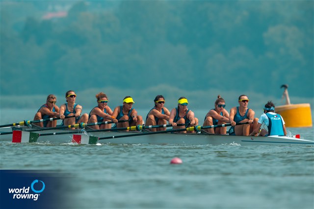 Clara Guerra (b), Giorgia Pelacchi, Stefania Gobbi, Elisa Mondelli, Silvia Terrazzi, Kiri English-Hawke, Laura Meriano, Alice Codato (s), Emanuele Capponi (c), Women's Eight, Italy, 2025 World Rowing Cup Varese - Varese, Italy / World Rowing / Benedict Tufnell