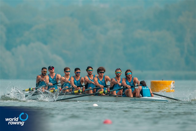 Emanuele Gaetani Liseo (b), Matteo Della Valle, Luca Chiumento, Jacopo Frigerio, Davide Verita', Alessandro Bonamoneta, Leonardo Pietra Caprina, Vincenzo Abbagnale (s), Ilaria Colombo (c), Men's Eight, Italy, 2025 World Rowing Cup Varese - Varese, Italy / World Rowing / Benedict Tufnell