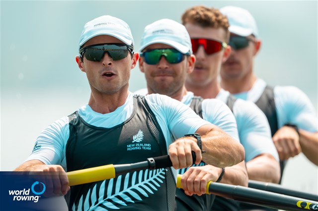 Joshua Vodanovich (b), Zackary Rumble, Campbell Crouch, Flynn Eliadis-Watson (s), Men's Four, New Zealand, 2025 World Rowing Cup Varese - Varese, Italy / World Rowing / Benedict Tufnell