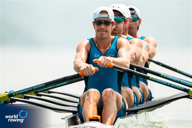 Matteo Sartori (b), Luca Rambaldi, Andrea Panizza, Giacomo Gentili (s), Men's Quadruple Sculls, Italy, 2025 World Rowing Cup Varese - Varese, Italy / World Rowing / Benedict Tufnell
