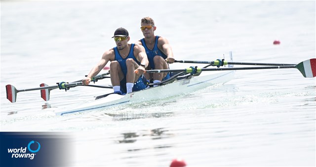 Niels Torre (b), Gabriel Soares (s), Men's Double Sculls, Italy, 2025 World Rowing Cup Varese - Varese, Italy / Detlev Seyb / MyRowingPhoto.com