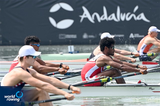 Rendi Setia Maulana (b), Memo Memo (s), Men's Double Sculls, Indonesia, 2025 World Rowing Cup Varese - Varese, Italy / Detlev Seyb / MyRowingPhoto.com