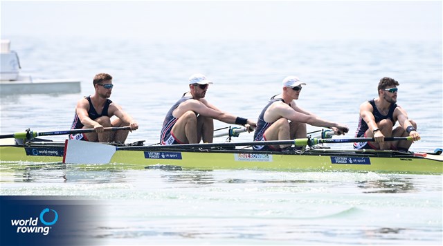 Jake Wincomb (b), Daniel Graham, James Vogel, Joshua Bowesman-Jones (s), Men's Four, Great Britain, 2025 World Rowing Cup Varese - Varese, Italy / Detlev Seyb / MyRowingPhoto.com