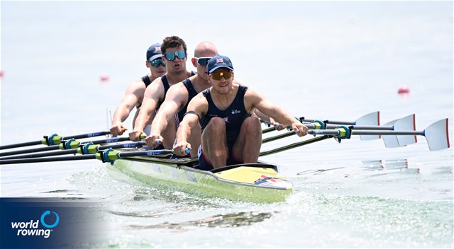 Cedol Dafydd (b), Callum Dixon, Matthew Haywood, Rory Harris (s), Men's Quadruple Sculls, Great Britain, 2025 World Rowing Cup Varese - Varese, Italy / Detlev Seyb / MyRowingPhoto.com