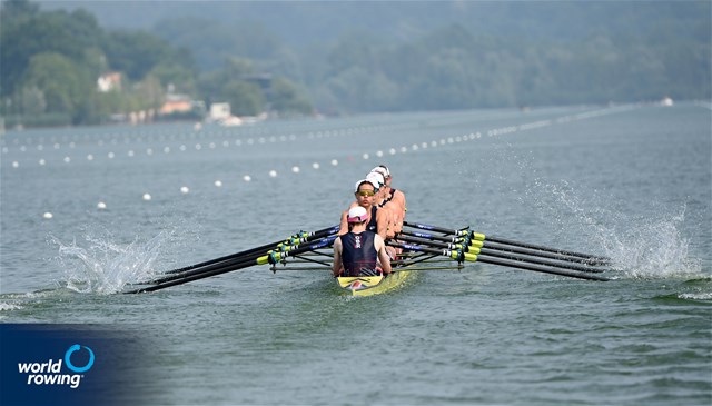 Eleanor Brinkhoff (b), Juliette Perry, Amelia Standing, Martha Birtles, Lauren Irwin, Eve Stewart, Heidi Long, Megan Slabbert (s), Jack Tottem (c), Women's Eight, Great Britain, 2025 World Rowing Cup Varese - Varese, Italy / Detlev Seyb / MyRowingPhoto.com