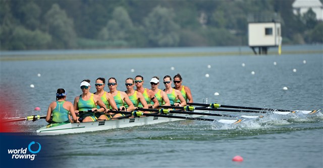Emmie Frederico (b), Eliza Gaffney, Georgie Gleeson, Georgie Rowe, Jaime Ford, Ella Bramwell, Jacqui Swick, Paige Barr (s), Hayley Verbunt (c), Women's Eight, Australia, 2025 World Rowing Cup Varese - Varese, Italy / Detlev Seyb / MyRowingPhoto.com