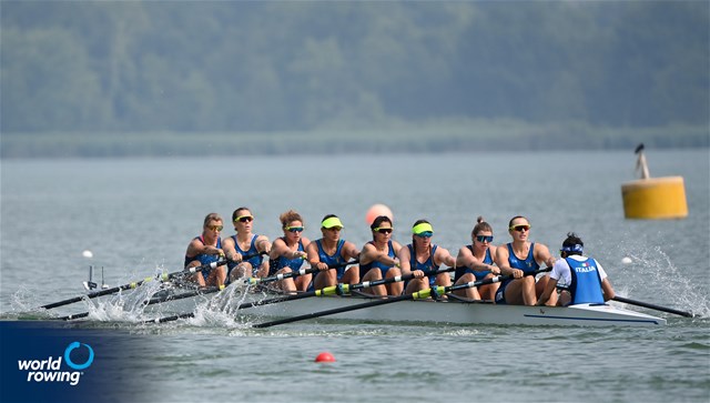 Clara Guerra (b), Giorgia Pelacchi, Stefania Gobbi, Elisa Mondelli, Silvia Terrazzi, Kiri English-Hawke, Laura Meriano, Alice Codato (s), Emanuele Capponi (c), Women's Eight, Italy, 2025 World Rowing Cup Varese - Varese, Italy / Detlev Seyb / MyRowingPhoto.com