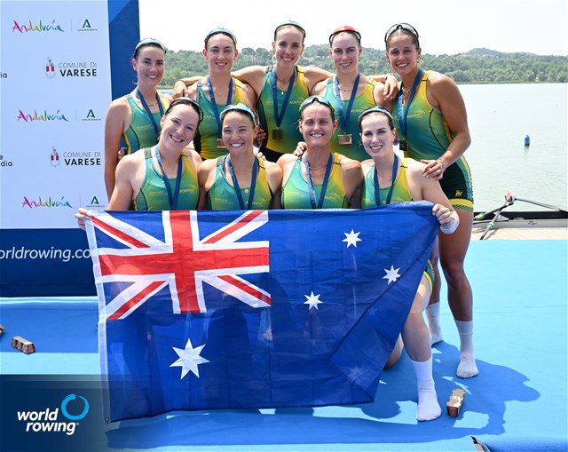 Emmie Frederico (b), Eliza Gaffney, Georgie Gleeson, Georgie Rowe, Jaime Ford, Ella Bramwell, Jacqui Swick, Paige Barr (s), Hayley Verbunt (c), Australia, bronze, Womens Eight, 2025 World Rowing Cup Varese - Varese, Italy / Detlev Seyb / MyRowingPhoto.com
