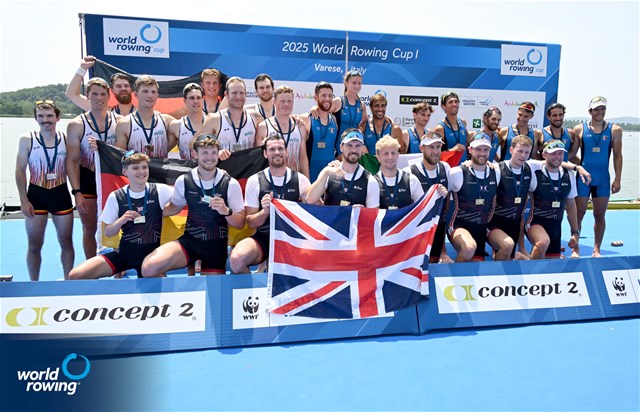 William Stewart (b), Matthew Rowe, Miles Beeson, Fergus Woolnough, David Bewicke-Copley, Samuel Nunn, Matt Aldridge, Archie Drummond (s), William Denegri (c), Great Britain, gold, Paul Klapperich (b), Mattes Schoenherr, Benedict Eggeling, Tobias Strangemann, Olaf Roggensack, Julius Christ, Soenke Kruse, Theis Hagemeister (s), Jonas Wiesen (c), Germany, silver, Davide Comini (b), Salvatore Monfrecola, Francesco Pallozzi, Alfonso Scalzone, Giovanni Abagnale, Alessandro Gardino, Nunzio Di Colandrea, Giovanni Codato (s), Alessandra Faella (c), Italy, bronze, Mens Eight, 2025 World Rowing Cup Varese - Varese, Italy / Detlev Seyb / MyRowingPhoto.com