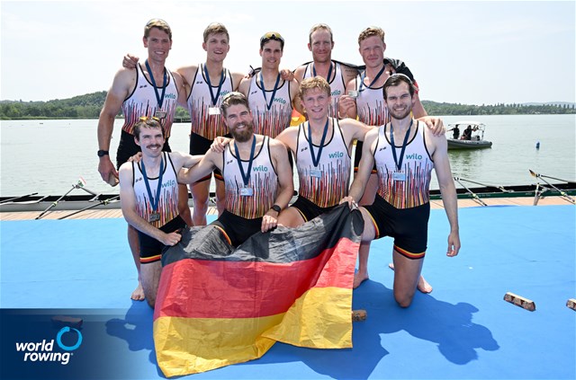 Paul Klapperich (b), Mattes Schoenherr, Benedict Eggeling, Tobias Strangemann, Olaf Roggensack, Julius Christ, Soenke Kruse, Theis Hagemeister (s), Jonas Wiesen (c), Germany, silver, Men's Eight, 2025 World Rowing Cup Varese - Varese, Italy / Detlev Seyb / MyRowingPhoto.com