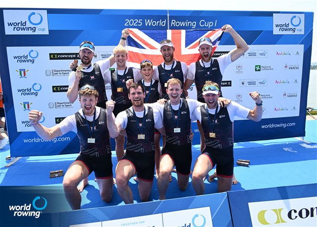 William Stewart (b), Matthew Rowe, Miles Beeson, Fergus Woolnough, David Bewicke-Copley, Samuel Nunn, Matt Aldridge, Archie Drummond (s), William Denegri (c), Great Britain, gold,, Men's Eight, 2025 World Rowing Cup Varese - Varese, Italy / Detlev Seyb / MyRowingPhoto.com