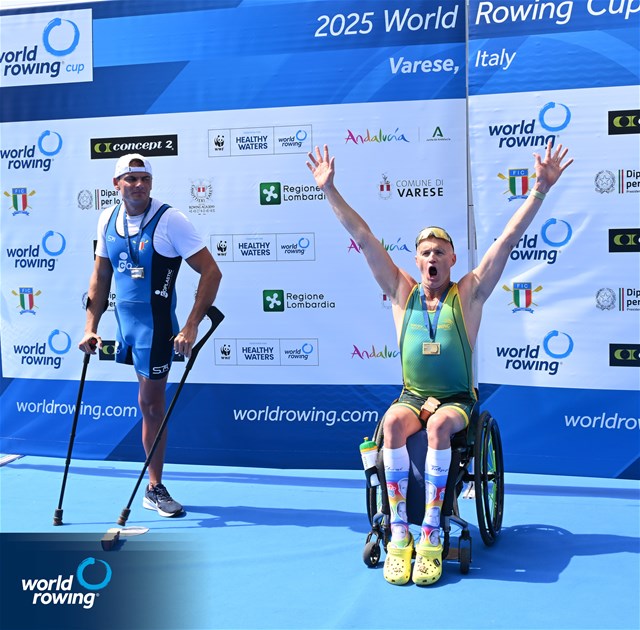 Erik Horrie, Australia, gold, Giacomo Perini, Italy, silver, PR1 Men's Single Sculls, 2025 World Rowing Cup Varese - Varese, Italy / Detlev Seyb / MyRowingPhoto.com